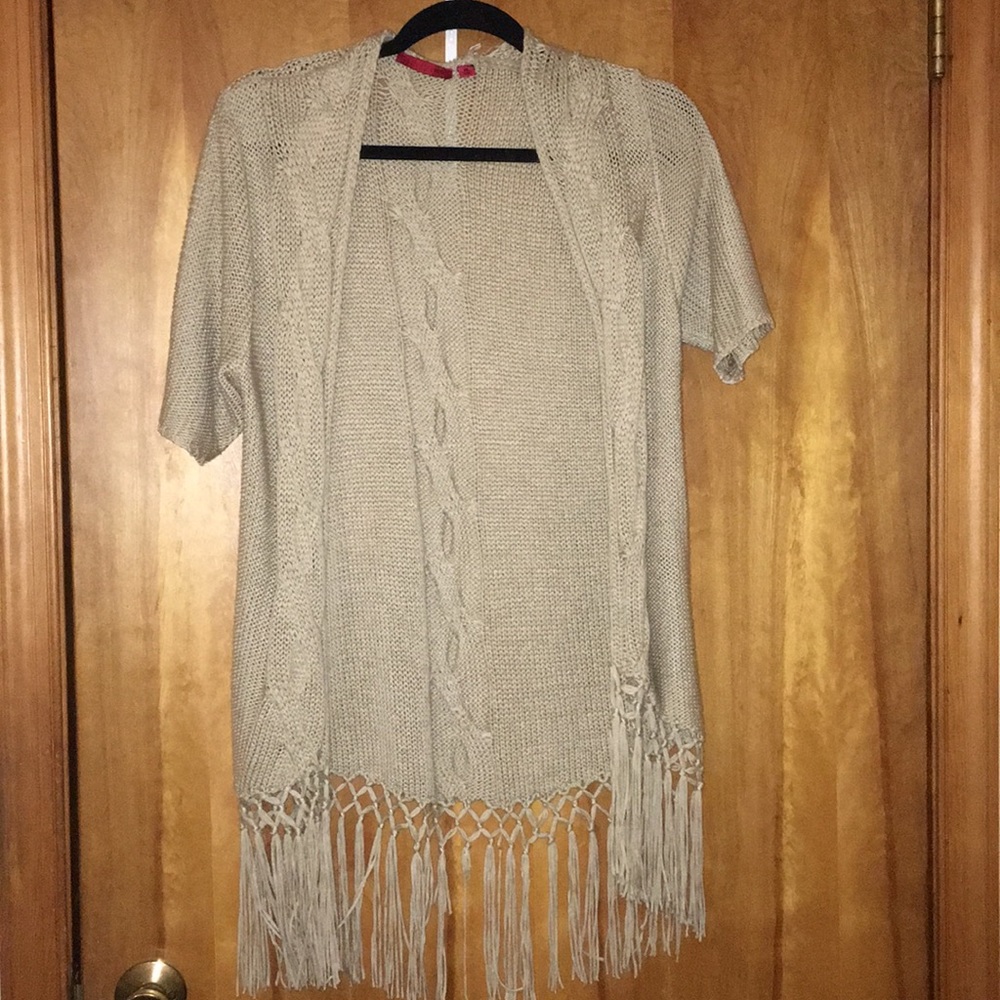 Tan fringed short sleeve cardigan